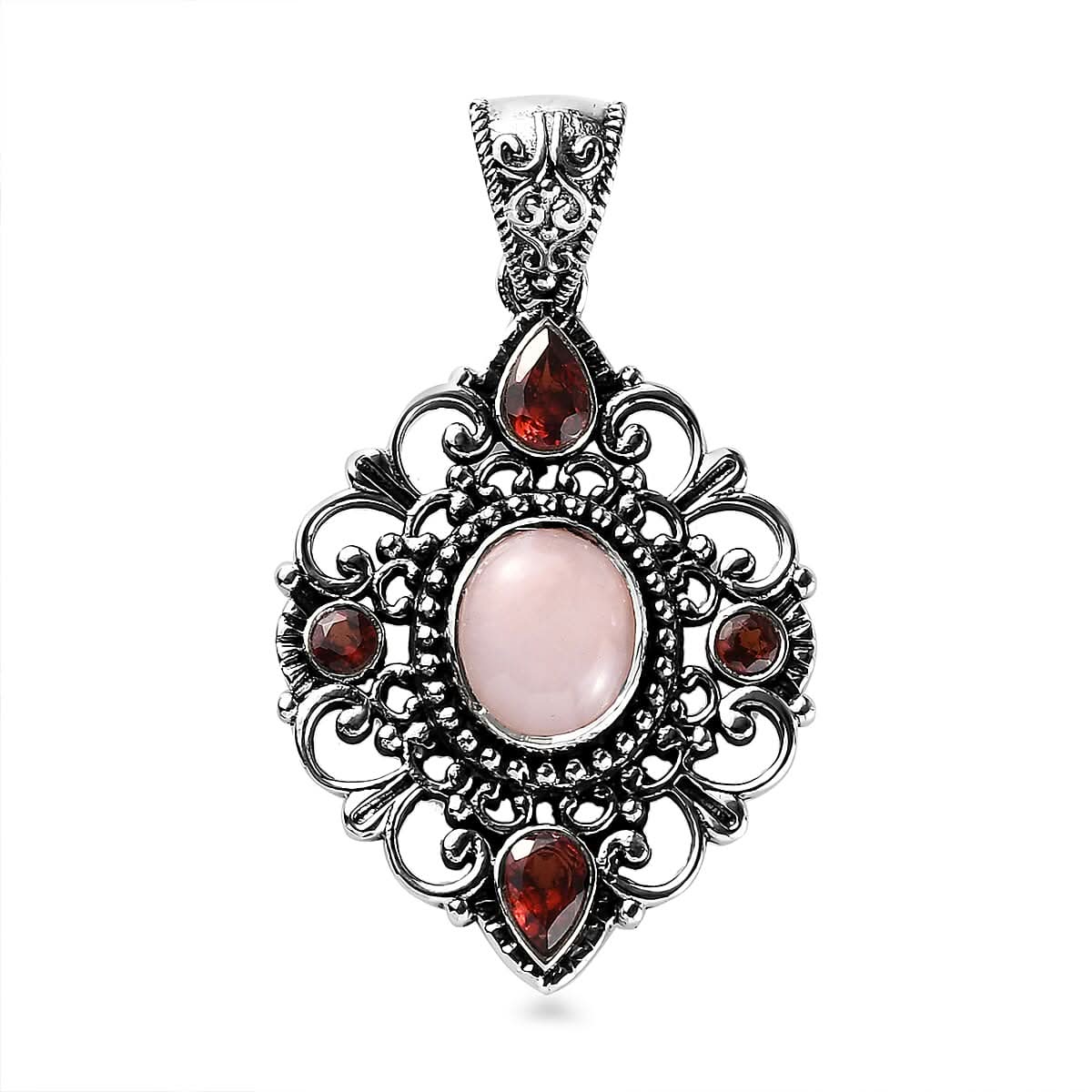 Artisan Crafted Peruvian Pink Opal and Mozambique Garnet Pendant in Sterling Silver 4.25 ctw