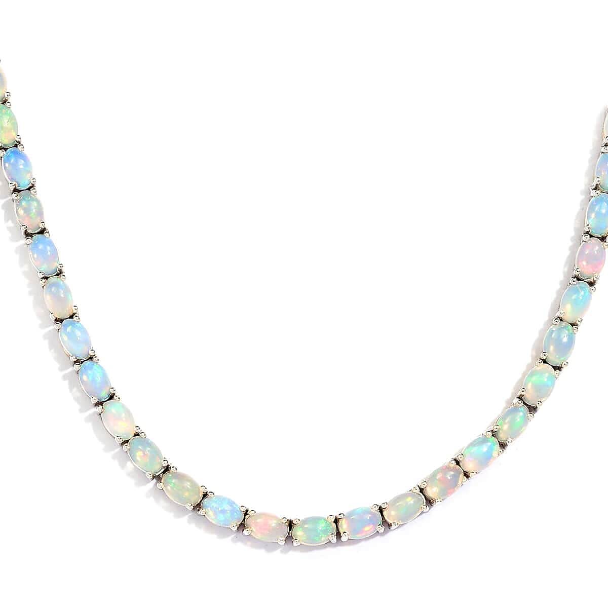 Premium Ethiopian Welo Opal and Diamond Accent Tennis Necklace 18 Inches in Platinum Over Sterling Silver 22.00 ctw