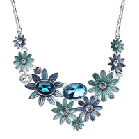 Simulated Blue Topaz, Austrian Crystal, Enameled Floral Necklace 20.5-22.5 Inches in Silvertone