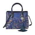 Navy Phoenix tail Flower Pattern Brocade with Genuine Leather Crossbody Bag (12.91"x9.84"x5.51") with Shoulder Strap - Sticky add to cart bar