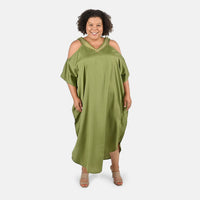 TAMSY Olive V-Neck Long Kaftan with Cold Sleeves and Embroidery - One Size Fits Most