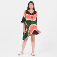 TAMSY Brown 100% Rayon Tie Dye Kaftan with Lace - One Size Fits Most