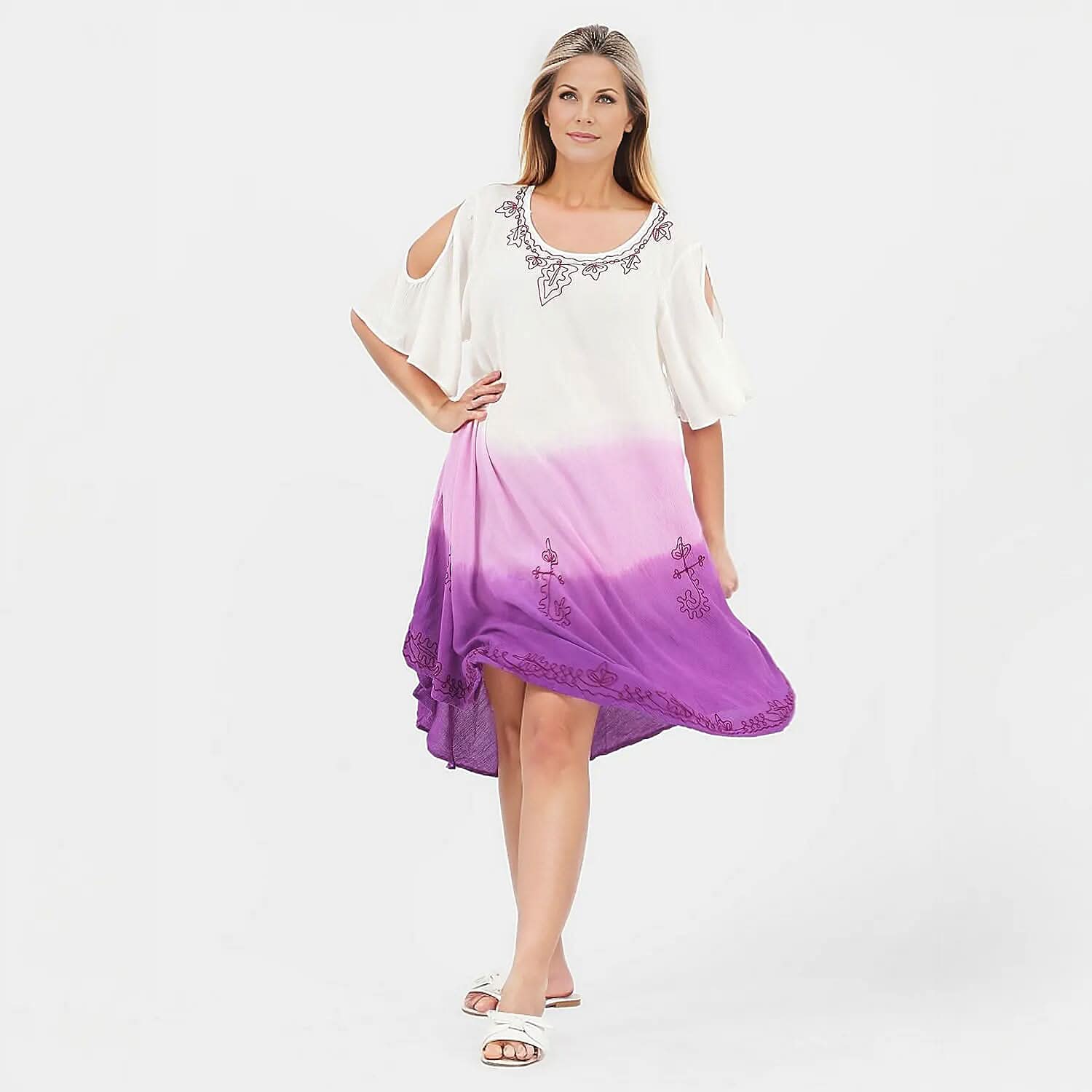 TAMSY, 100% Rayon, Dress, Size- One size Missy, Color- White & Purple
