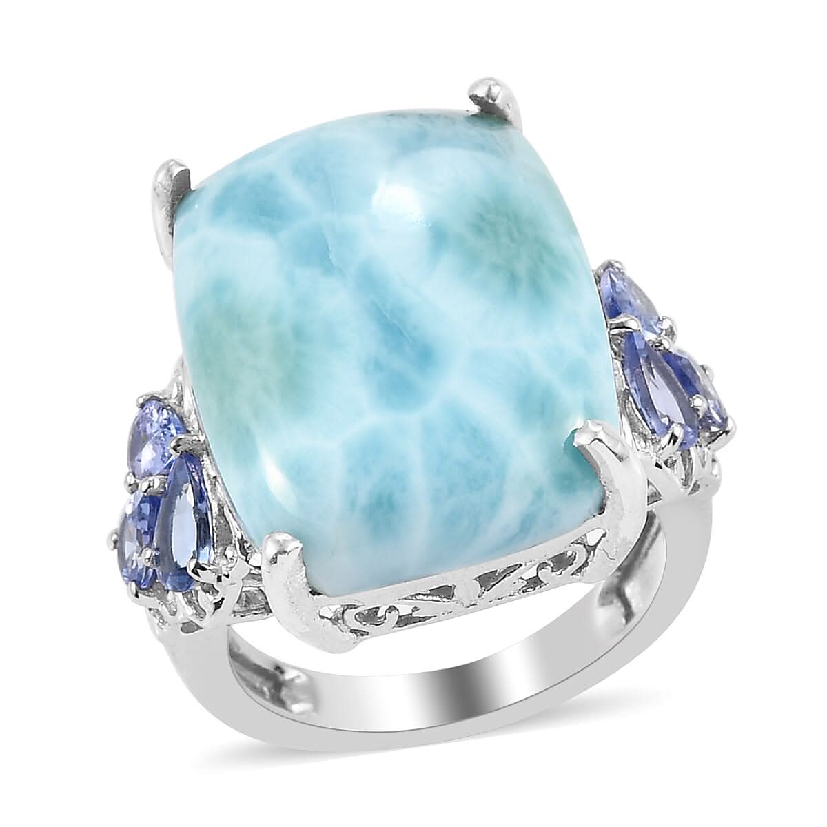 Larimar, Tanzanite Ring in Platinum Over Sterling Silver (Size 10.0) 21.90 ctw