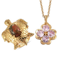KARIS Lapis Lazuli, Simulated Blue Diamond Turtle Ring (Size 10) and Four Leaf Clover Pendant Necklace (20 Inches) in ION Plated 18K YG & ION Plated YG Stainless Steel 10.00 ctw