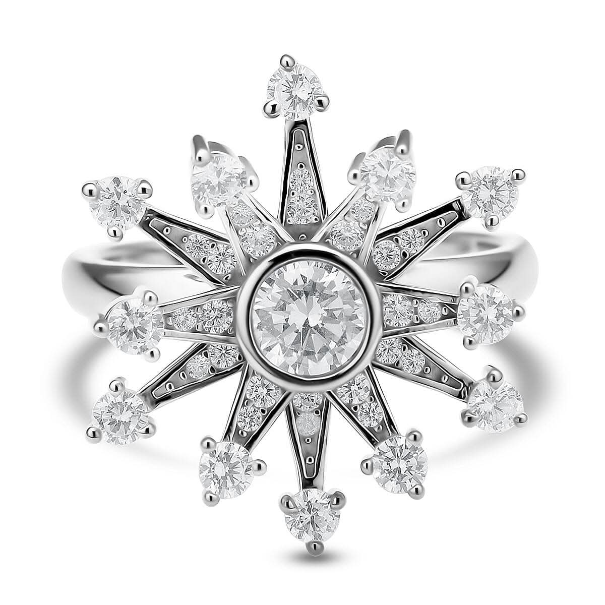 Simulated Diamond Snowflake Spinner Ring in Rhodium Over Sterling Silver (Adjustable Size 6-8) 1.60 ctw