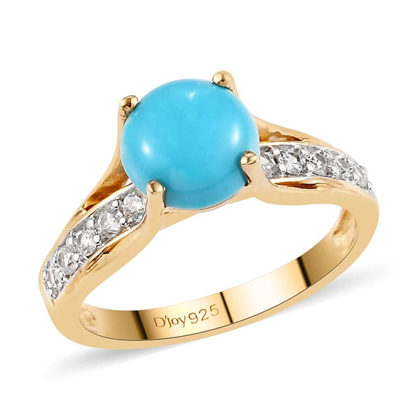 AMERICAN Natural Sleeping Beauty Turquoise and Natural White Zircon Bridge Ring in Vermeil Yellow Gold Over Sterling Silver (Size 10.0) 1.90 ctw - Product card gallery slide 1 (9431378198783)