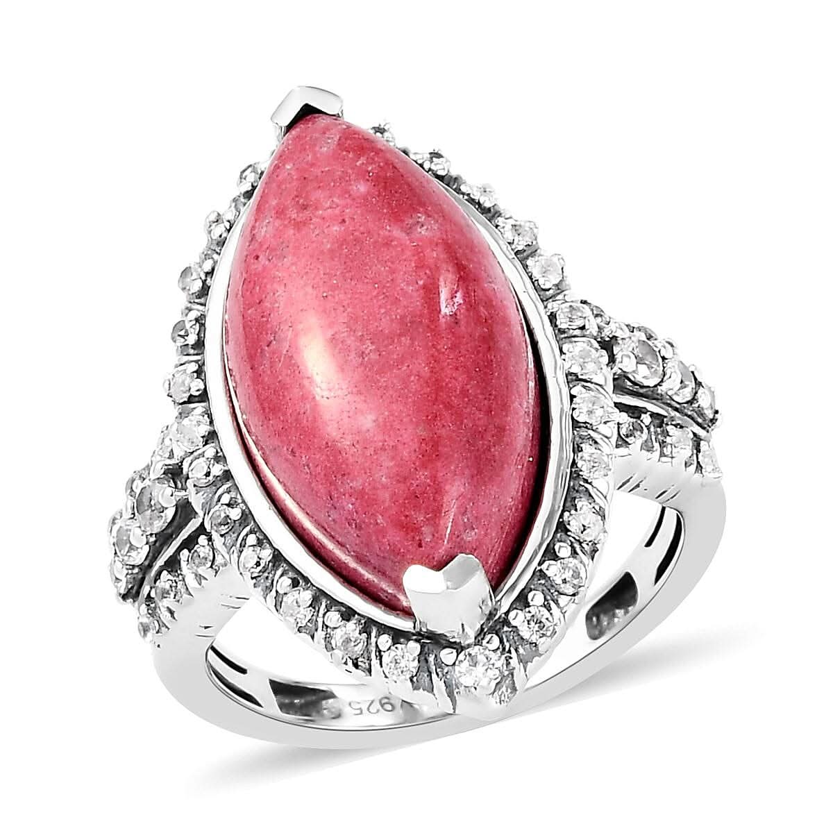 Norwegian Thulite and Natural White Zircon Ring in Black Oxidized Sterling Silver (Size 10.0) 10.50 ctw