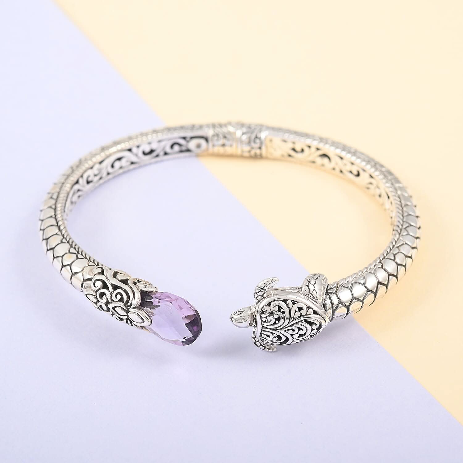Bali Legacy Rose De France Amethyst Turtle Cuff Bracelet in Sterling Silver (7.50 In) 3.50 ctw
