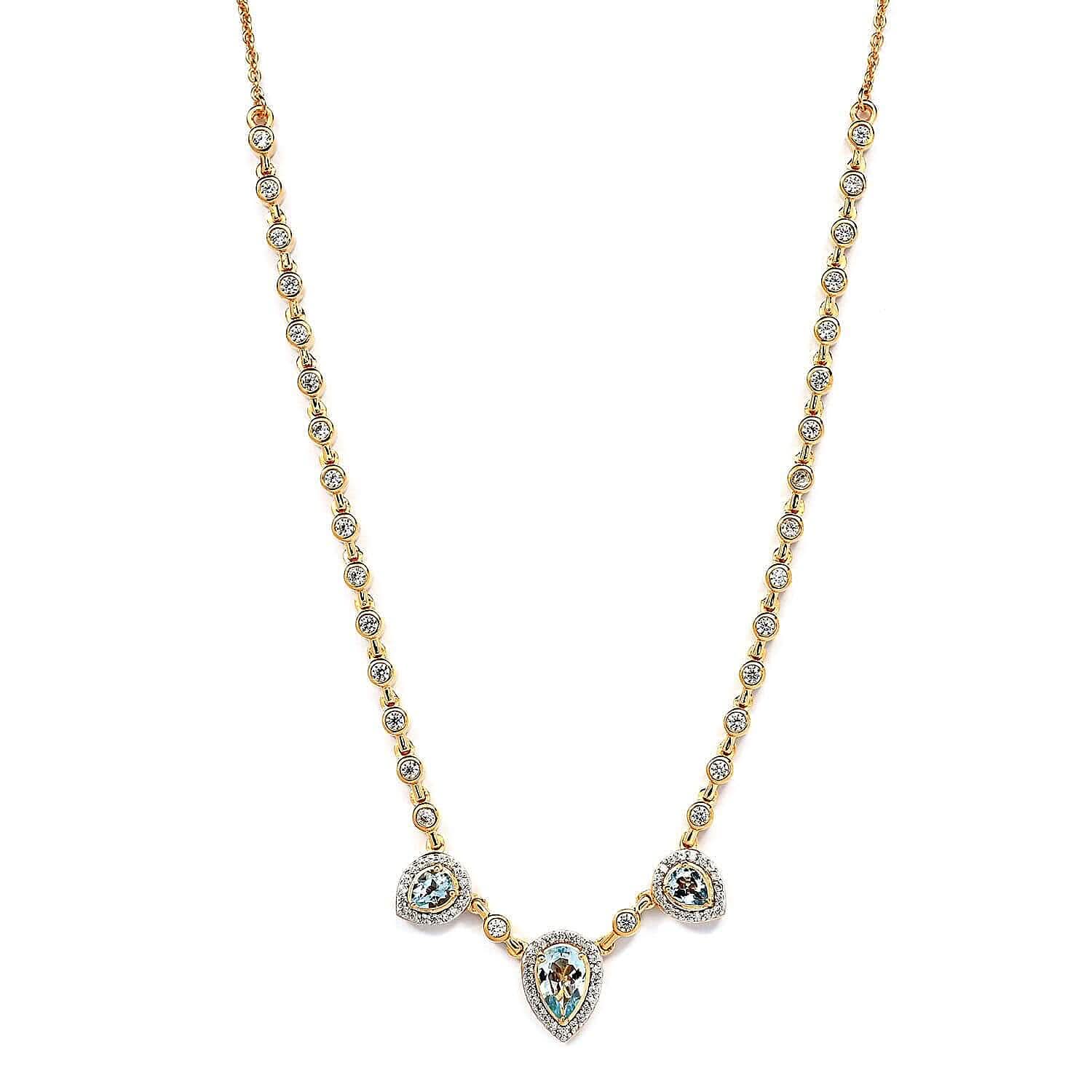 Mangoro Aquamarine and Natural White Zircon Tear Drop Necklace 18 Inches in Vermeil YG Over Sterling Silver 3.65 ctw