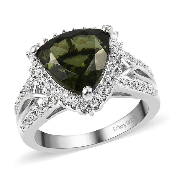 Bohemian Moldavite and Natural White Zircon Ring in Platinum Over Sterling Silver (Size 10.0) 3.50 ctw - Product card gallery slide 1 (9431480271103)