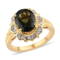 Bohemian Moldavite and Natural White Zircon Cocktail Ring in Vermeil Yellow Gold Over Sterling Silver (Size 10.0) 2.25 ctw