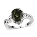 Bohemian Moldavite and Natural White Zircon Infinity Shank Ring in Platinum Over Sterling Silver 1.85 ctw - Sticky add to cart bar