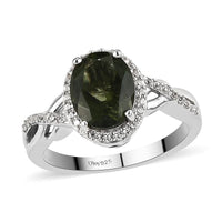 Bohemian Moldavite and Natural White Zircon Infinity Shank Ring in Platinum Over Sterling Silver 1.85 ctw