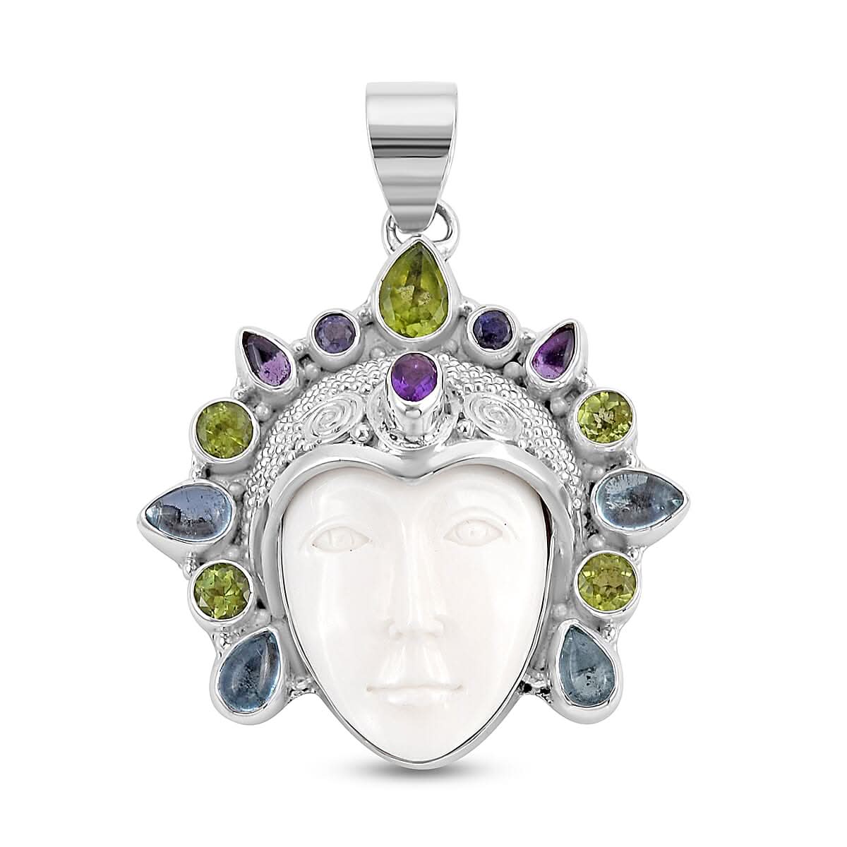 Sajen Silver Carved Bone and Multi Gemstone Pendant in Sterling Silver 5.75 ctw
