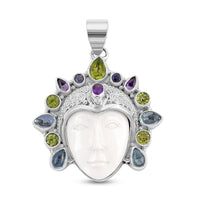 Sajen Silver Carved Bone and Multi Gemstone Pendant in Sterling Silver 5.75 ctw