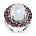 Rainbow Moonstone and Orissa Rhodolite Garnet Halo Ring in Platinum Over Sterling Silver (Size 10.0) 8.75 Grams 18.65 ctw - Sticky add to cart bar