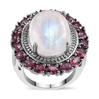 Rainbow Moonstone and Orissa Rhodolite Garnet Halo Ring in Platinum Over Sterling Silver (Size 10.0) 8.75 Grams 18.65 ctw