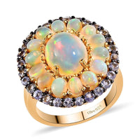 Premium Ethiopian Welo Opal and Tanzanite Double Halo Ring in Vermeil Yellow Gold Over Sterling Silver (Size 6.0) 5.50 ctw