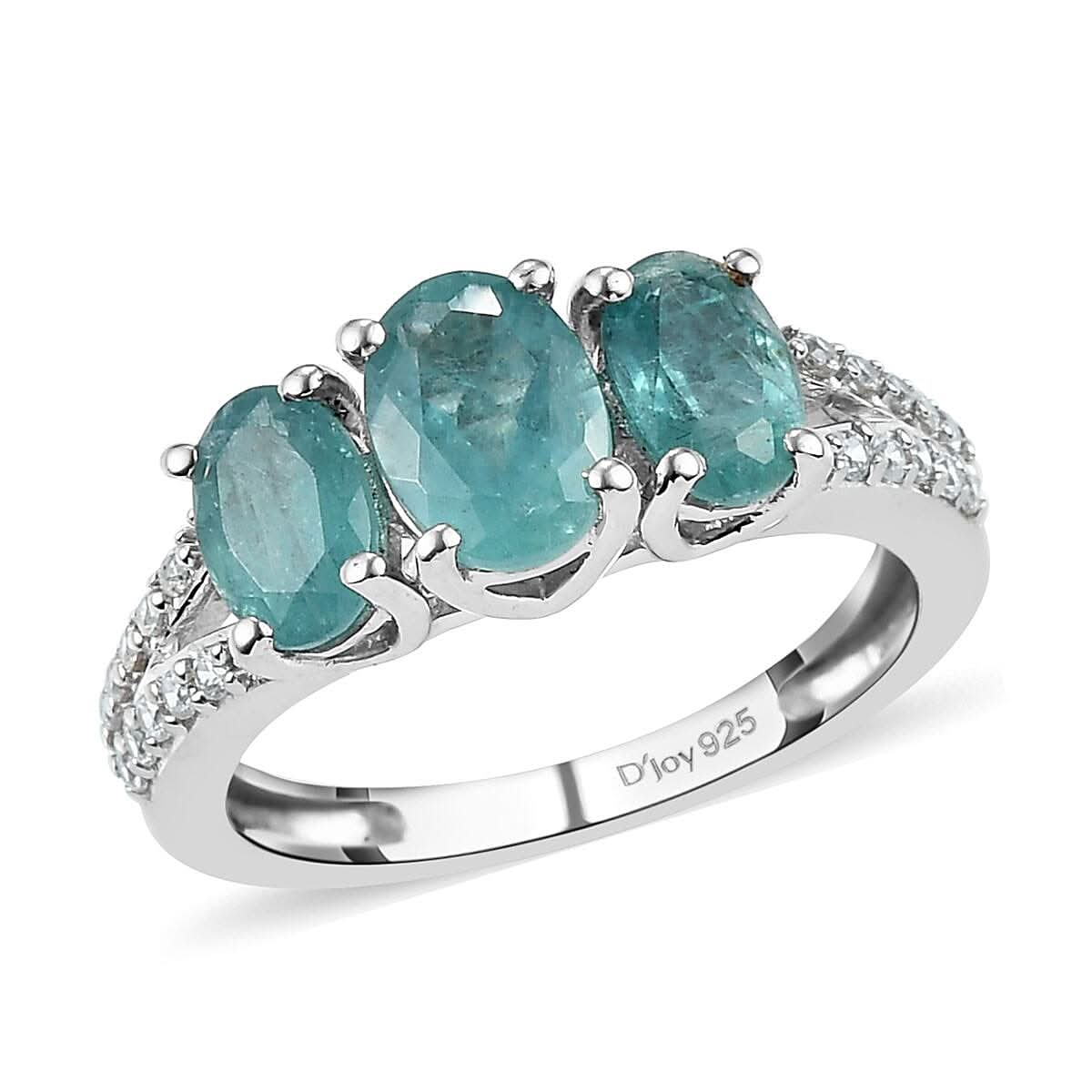 Premium Grandidierite and Natural White Zircon Trilogy Ring in Platinum Over Sterling Silver (Size 6.0) 1.85 ctw