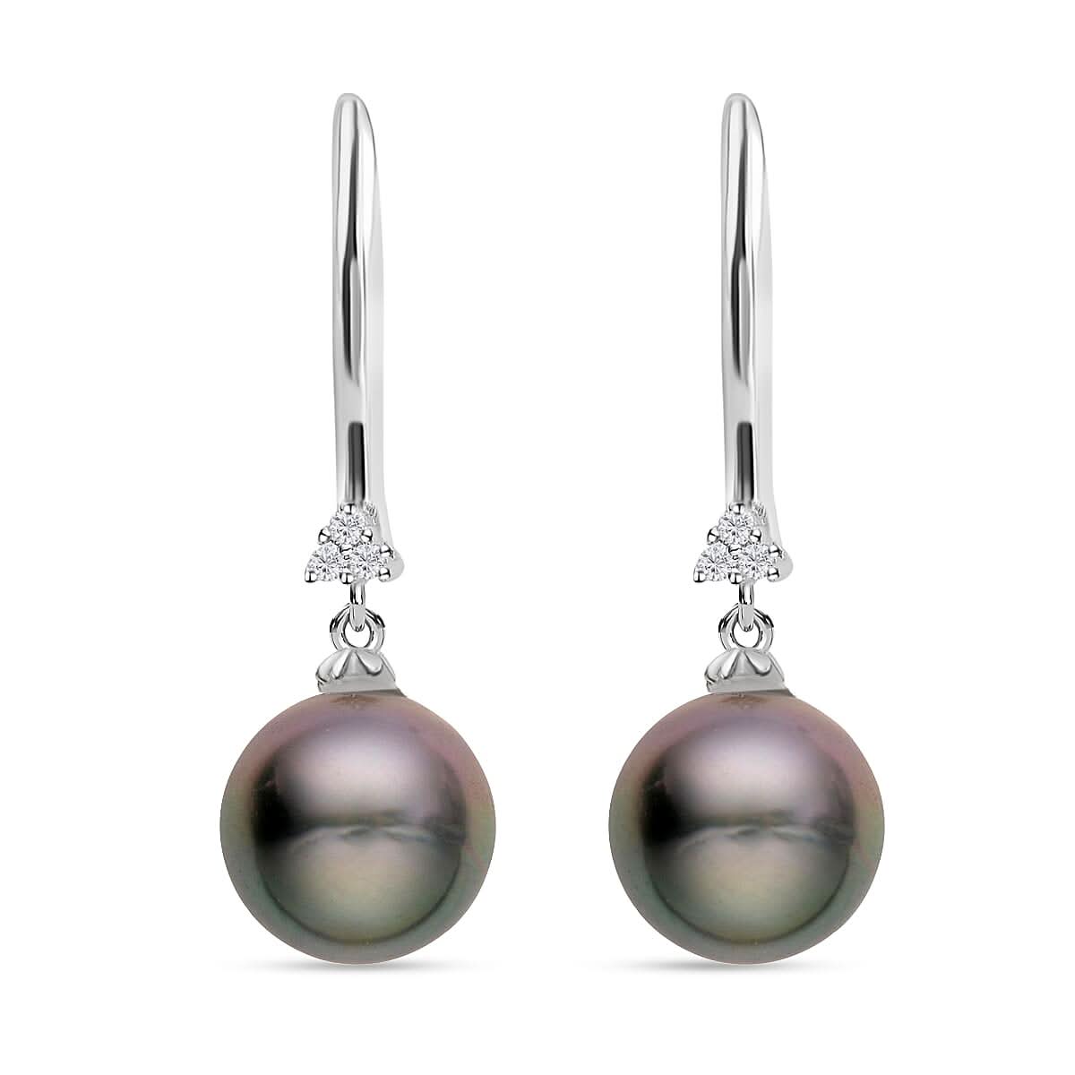 Tahitian Pearl Drop Earrings in Platinum Plated Sterling Silver, Diamond Studs, Diamond Jewelry 0.07 ctw