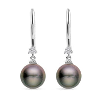 Tahitian Pearl Drop Earrings in Platinum Plated Sterling Silver, Diamond Studs, Diamond Jewelry 0.07 ctw