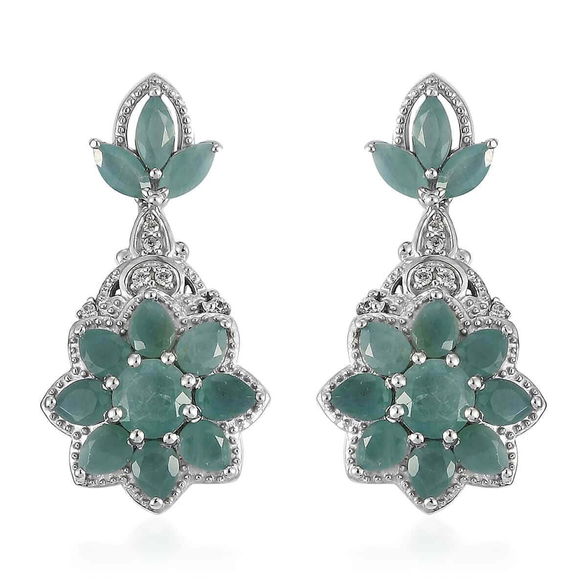 Premium Grandidierite and Natural White Zircon Dangle Floral Earrings in Platinum Over Sterling Silver 4.50 ctw