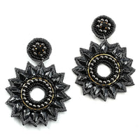 Handcrafted Black Seed Beaded Floral Earrings in Black Silvertone