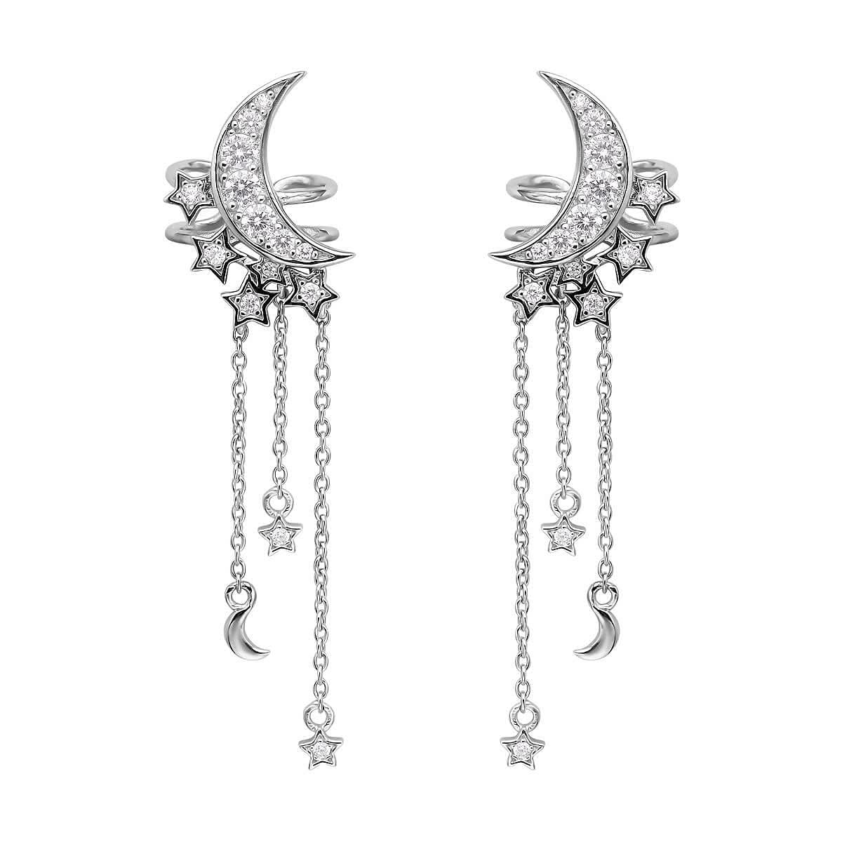 Simulated Diamond Star & Moon Ear Cuffs in Rhodium Over Sterling Silver 1.10 ctw