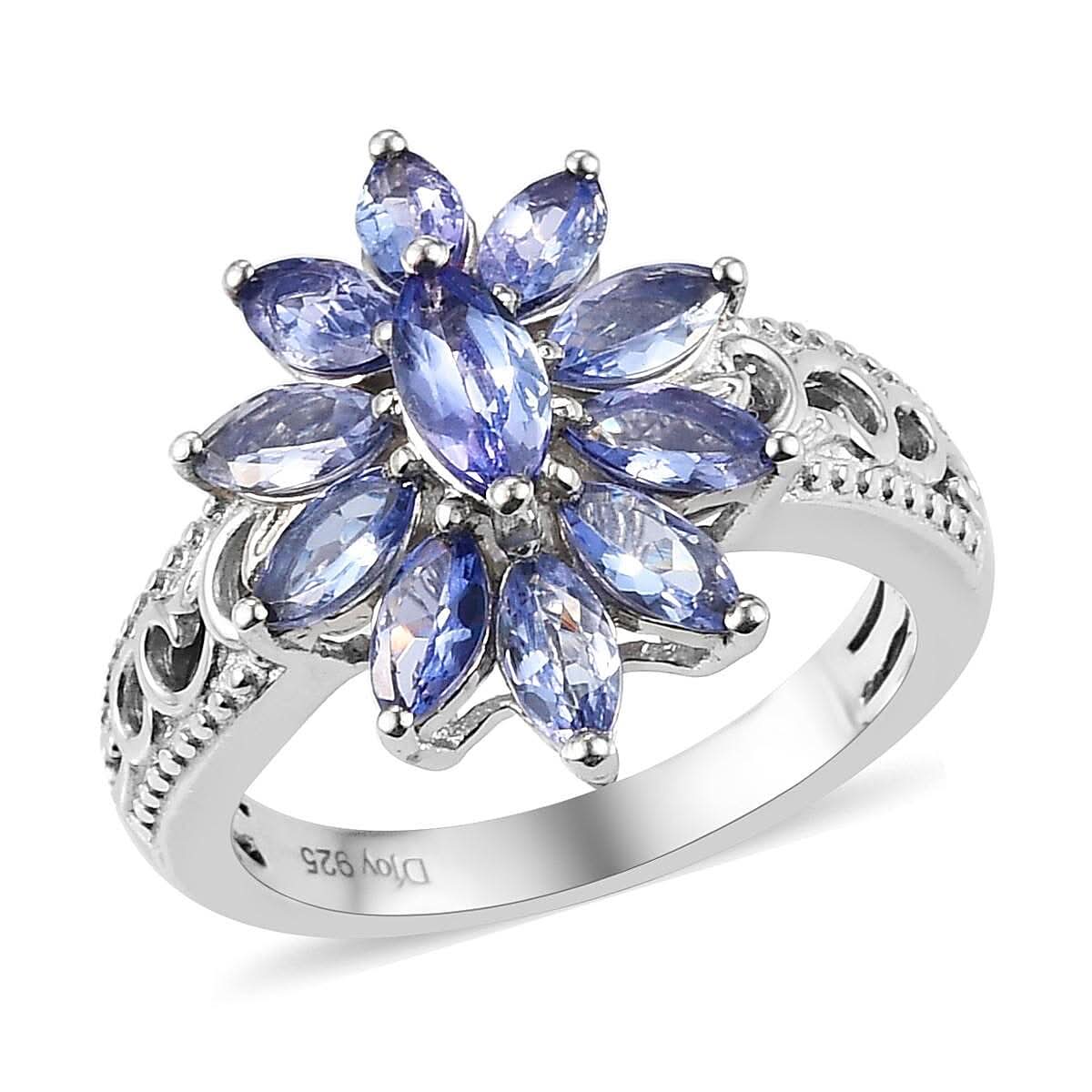 Tanzanite Floral Ring in Platinum Over Sterling Silver (Size 10.0) 1.40 ctw