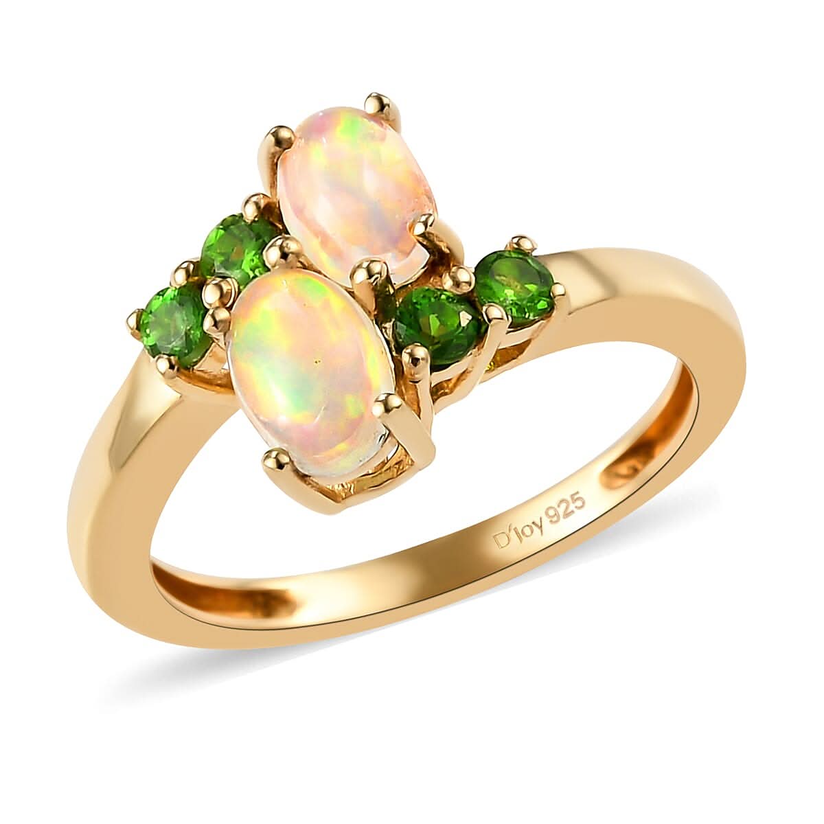 Premium Ethiopian Welo Opal and Natural Chrome Diopside Bypass Ring in Vermeil Yellow Gold Over Sterling Silver 0.85 ctw