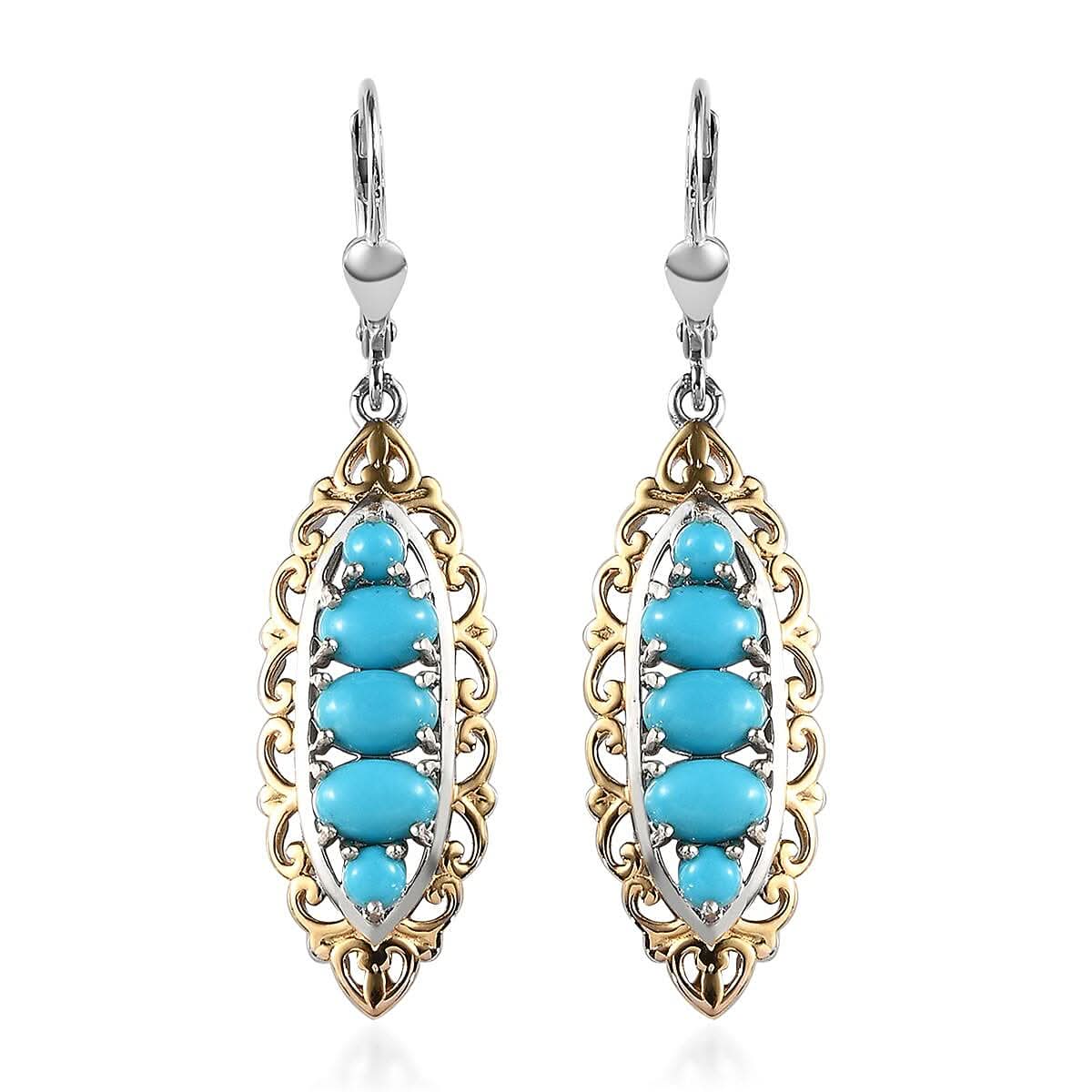 AMERICAN Natural Sleeping Beauty Turquoise Lever Back Earrings in Vermeil Yellow Gold and Platinum Over Sterling Silver 2.65 ctw