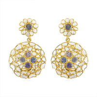 Polki Diamond and Tanzanite Round Flower Earrings in 14K Yellow Gold Over Sterling Silver 5.30 ctw