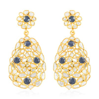 Polki Diamond and Blue Sapphire Oval Flower Earrings in 14K Yellow Gold Over Sterling Silver 7.50 ctw