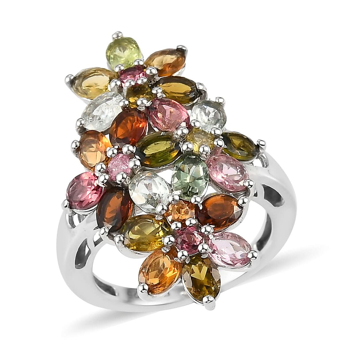 Multi-Tourmaline Elongated Ring in Platinum Over Sterling Silver (Size 10.0) 3.35 ctw