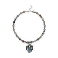 Multi Color Amazonite Floral Pendant on Beaded Necklace 18-20 Inches in Black Oxidized Silvertone 350.00 ctw