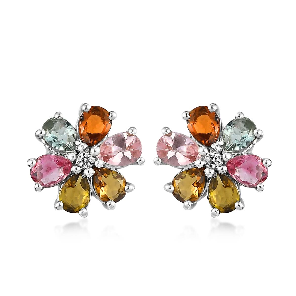 Multi-Tourmaline and Natural White Zircon Floral Stud Earrings in Platinum Over Sterling Silver 1.65 ctw