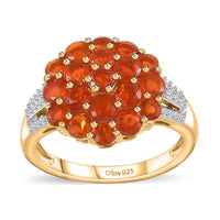 Crimson Fire Opal and Natural White Zircon Floral Ring in Vermeil Yellow Gold Over Sterling Silver 1.50 ctw