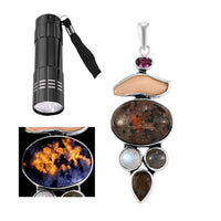Artisan Crafted Natural Yooperlite and Multi Gemstone Fancy Pendant in Sterling Silver 17.90 ctw with Free UV Flash Light