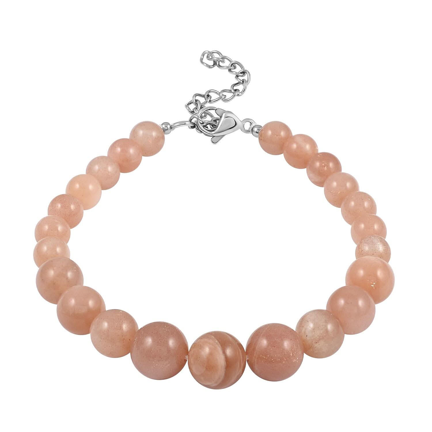 Peach Moonstone Beaded Bracelet in Rhodium Over Stainless Steel (7-9In) 72.00 ctw