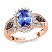Tanzanite, Natural Champagne and White Diamond Ring in Vermeil Rose Gold Over Sterling Silver 1.70 ctw