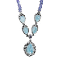 Larimar and Tanzanite Beaded Fancy Necklace 18 Inches in Platinum Over Sterling Silver 90.50 ctw