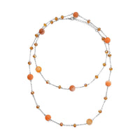 White Drusy Quartz, White Glass Beaded Station Necklace 43-45 Inches in Silvertone 126.00 ctw
