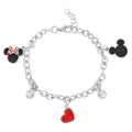 DISNEY Austrian Crystal Minnie and Mickey Mouse Charm Bracelet 6.50-7.50 Inches in Rhodium Over Silvertone - Sticky add to cart bar