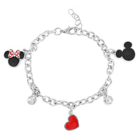 DISNEY Austrian Crystal Minnie and Mickey Mouse Charm Bracelet 6.50-7.50 Inches in Rhodium Over Silvertone