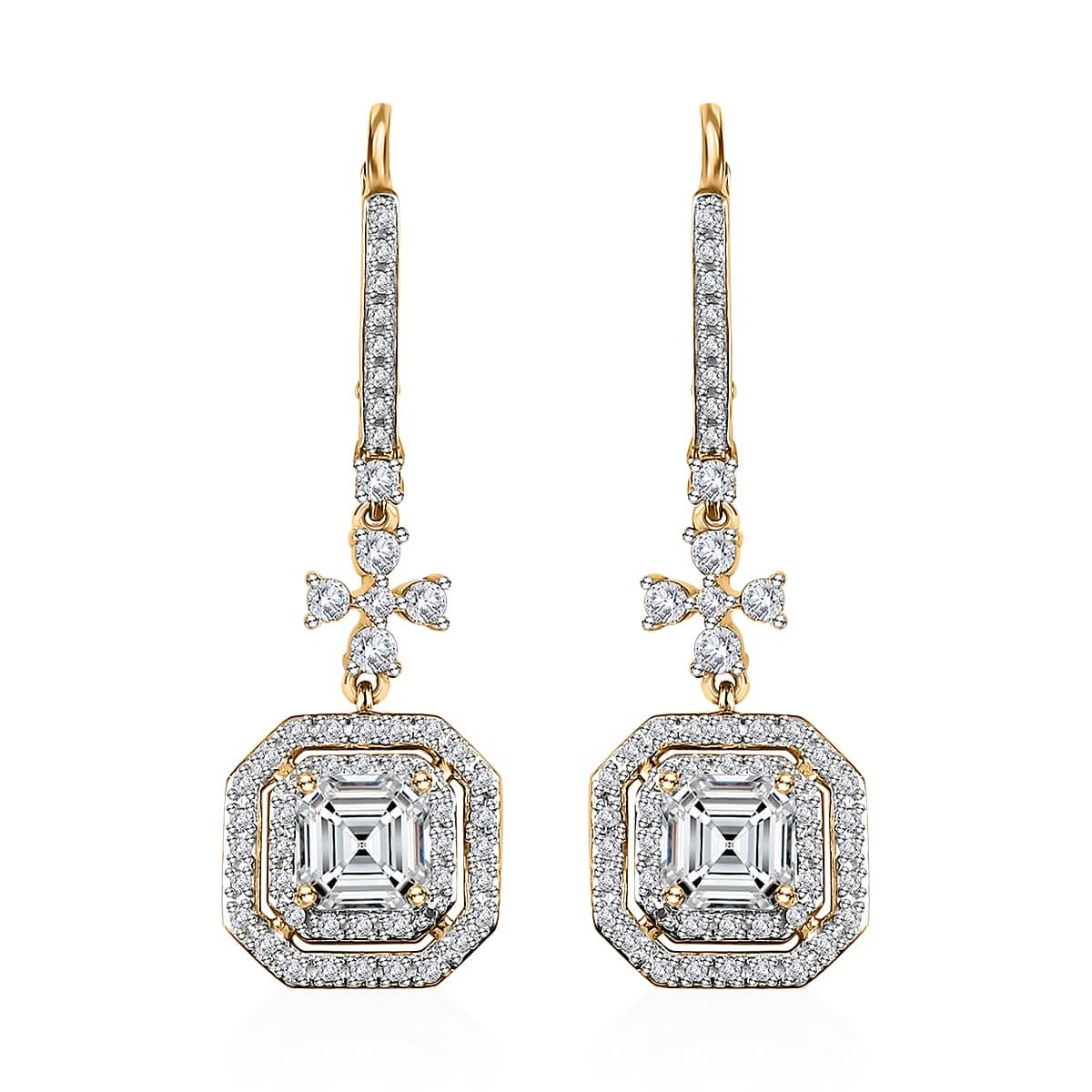 Asscher Cut Moissanite Dangling Earrings in Vermeil Yellow Gold Over Sterling Silver 3.40 ctw
