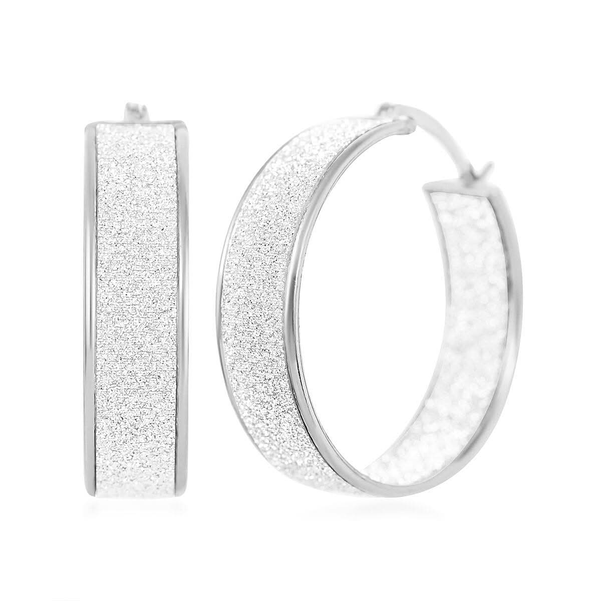 Rhodium Over Sterling Silver Sparkle Hoop Earrings 3.75 Grams