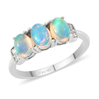 Ethiopian Welo Opal and Natural White Zircon 3 Stone Ring in Platinum Over Sterling Silver 0.90 ctw