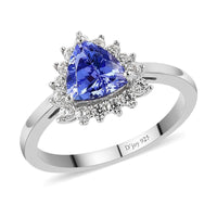Tanzanite and Natural White Zircon Halo Ring in Platinum Over Sterling Silver 1.00 ctw
