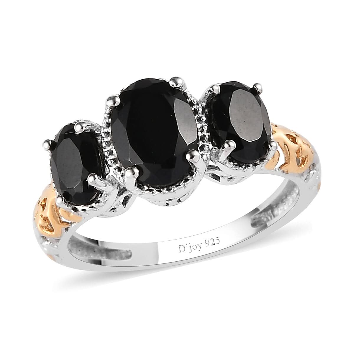 Natural Thai Black Spinel 3 Stone Ring in 14K YG and Platinum Over Sterling Silver 2.85 ctw